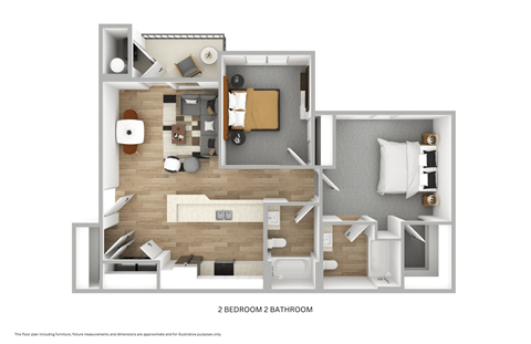 Floor plan for 2 beds, 2 baths, 958 sqft